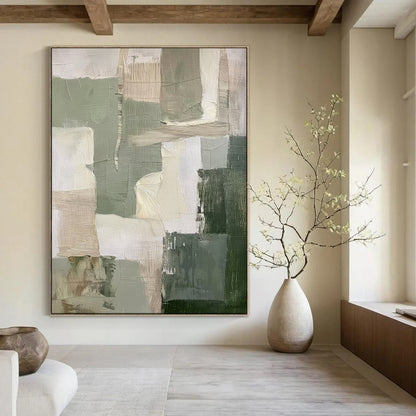 “Earthy Tones Patchwork” – Abstract Geometric Oil Painting with Green and Beige Blocks CT2053