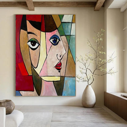 Cubist Woman in Colorful Geometries - Portrait Painting On Canvas DKH1407