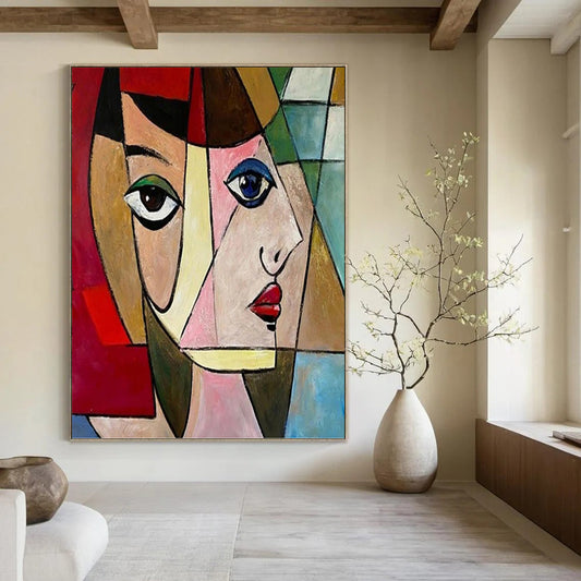 Cubist Woman in Colorful Geometries - Portrait Painting On Canvas DKH1407