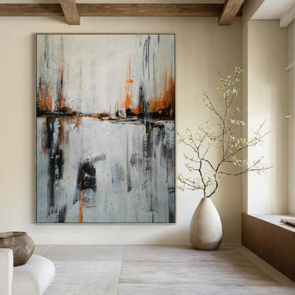 “Gray - Orange Strokes and Water Reflections” - Abstract Urban Waterscape Painting CT1973