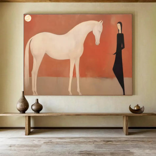 “Moonlit Companions” - White, Black, Red Figurative Oil Painting On Canvas DKH730