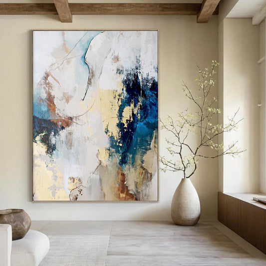 “Blue, Beige & Gold Abstract Blend” - Blue, Beige, Gold & White Eclectic Painting On Canvas DKH1018