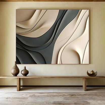“Curved Beige - Grey 3D Forms” Abstract Sculptural Painting On Canvas DKH523