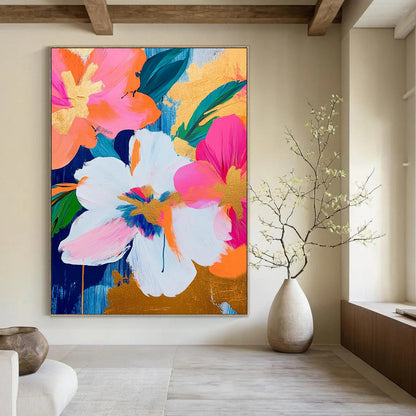 “Pink - Orange Gold Florals” - Pink, Orange, Gold Floral Bouquet Painting On Canvas DTP284