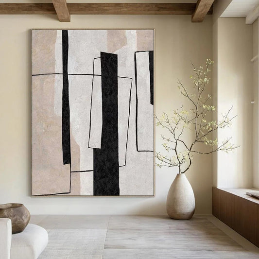 “Black - White - Beige Geometric Layers” – Geometric Abstract Painting CT1159