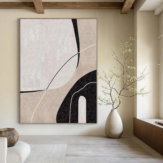 “Beige - Black - White Geometric Curves” – Geometric Abstract Painting CT1162