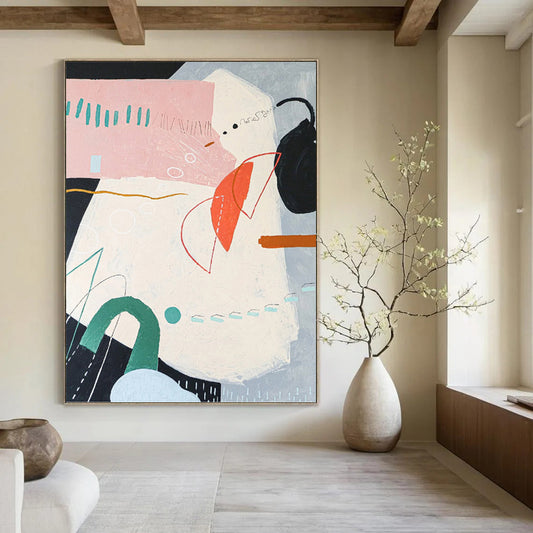 “Pastel - Colored Abstract with Geometric and Organic Shapes” - Whimsical Abstract Painting On Canvas DKH1102