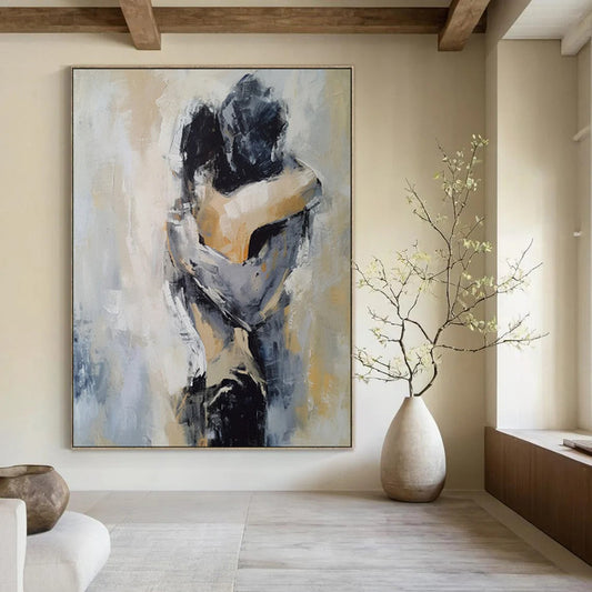Neutral Hues, Embracing Figures - "Eternal Embrace" - Abstract Figurative Painting CT1831