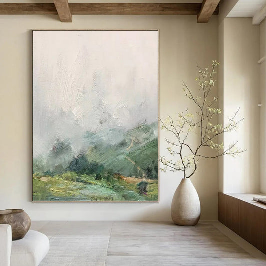 “Misty Valley” - Green, Gray & White Impressionistic Landscape Painting On Canvas DKH1541