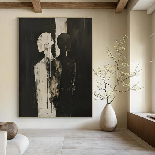 “Black and White Abstract Figures” – Expressionistic Oil Painting On Canvas CT2171