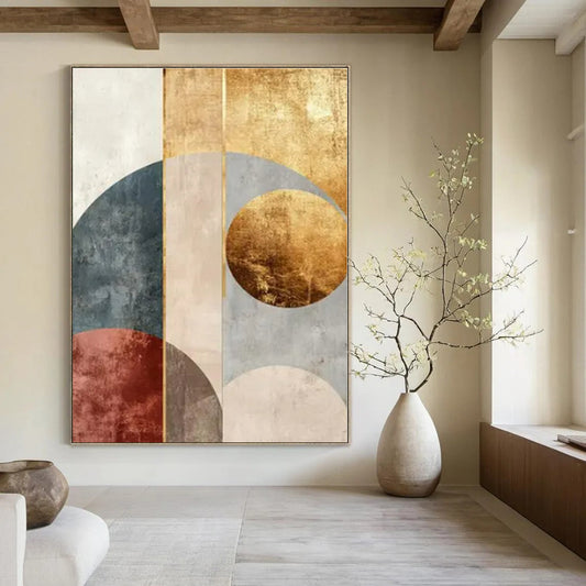 Geometric Arches: Gold, Blue & Rust II - Abstract Minimalist Print CT1247