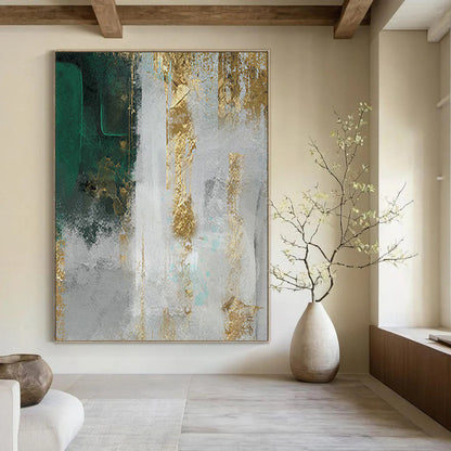 “Gilded Emerald” - Green, Gold & Gray Textured Abstract Painting On Canvas DKH1518