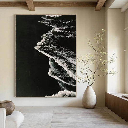 “Black, White Textured Waves ‘Nocturnal Tide’” - Impasto Monochrome Sea Painting On Canvas DTP349