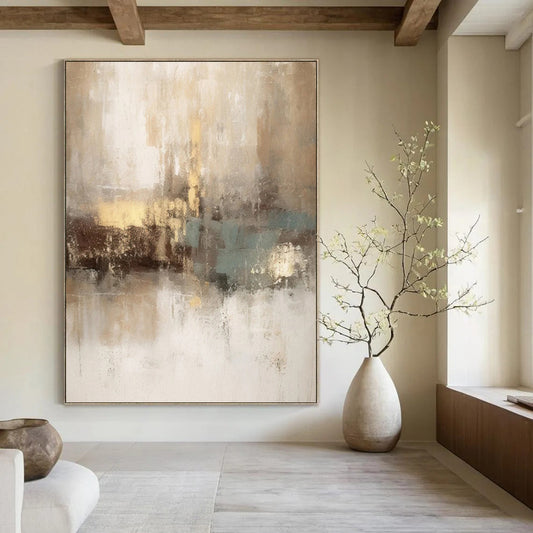 “Beige - Gold - Teal Abstract” - Abstract Expressionist Painting On Canvas DTP068