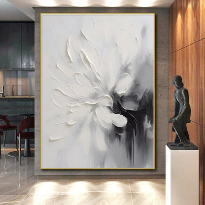 Black, White & Gray Textured Flower, “Monochrome Bloom” - Impasto Floral Painting CT0767