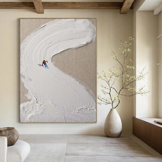 “White, Red, Blue Skiing Scene ‘Snowy Trail’” - Impasto Ski Landscape Painting On Canvas DTP311