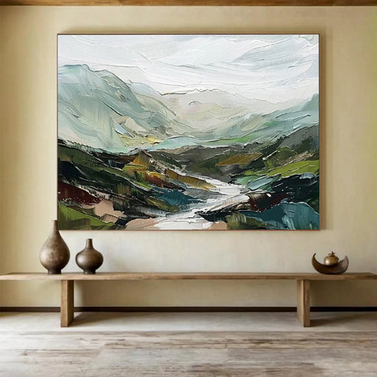 “Textured Mountain Vista” - Green, Blue, Gray Landscape Oil Painting On Canvas DKH725