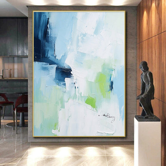 Blue, Green & White Abstract Strokes, “Fresh Breeze” - Impasto Abstract Painting CT0769