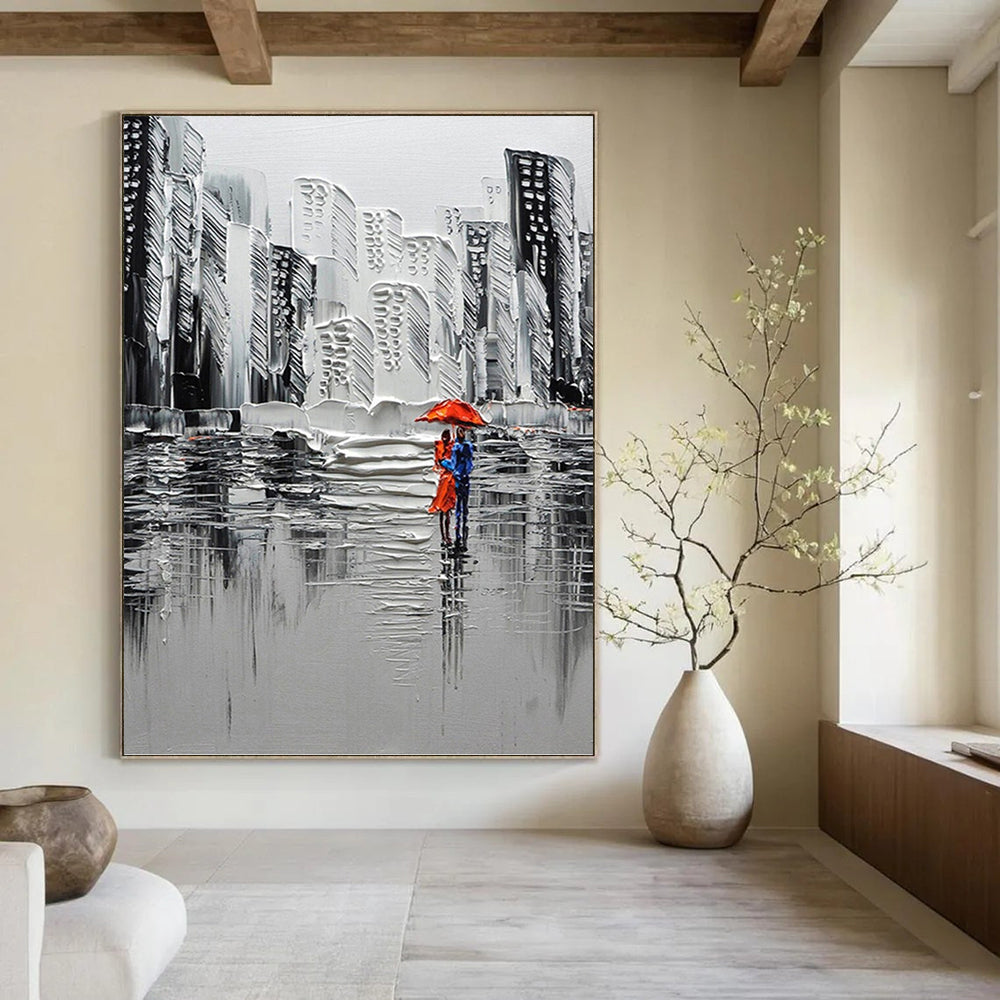 “Urban Rain Romance in Grayscale & Red” - Textured Cityscape Painting On Canvas DKH1600