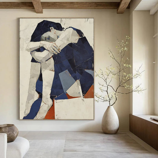 “Geometric Figure” - Blue & White Abstract Figure Painting On Canvas CT2214
