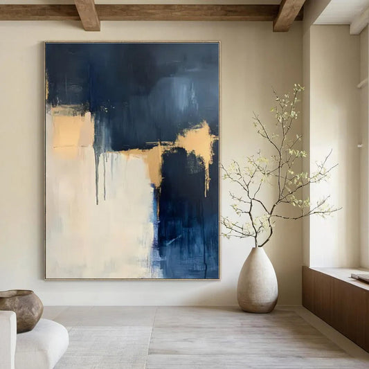 Navy, Gold & White Layers - Abstract Expressionist Acrylic On Canvas CT1310