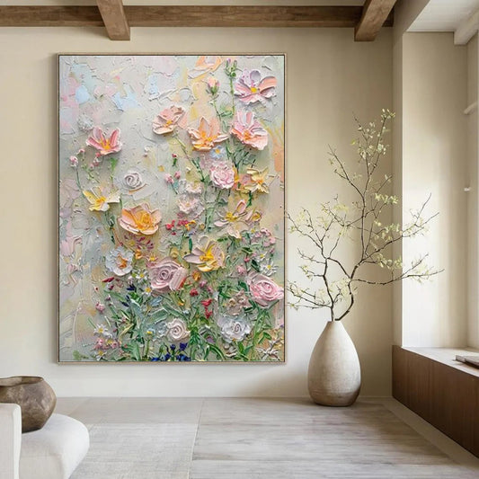 Impasto Flower Garden in Pastels - Impasto Floral Painting On Canvas DKH1384