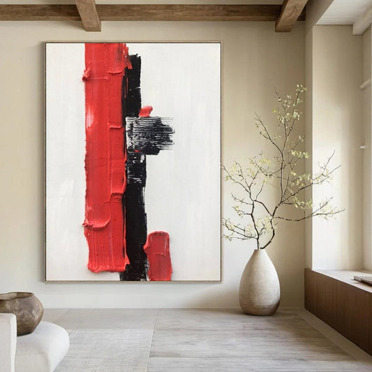 “White, Black, Red Textured Blocks ‘Bold Simplicity’” - Impasto Abstract Painting On Canvas DTP390
