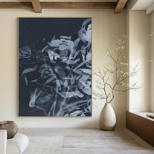 “Indigo Floral Abstraction” - Dark Blue, Light Blue Floral Painting On Canvas DTP240