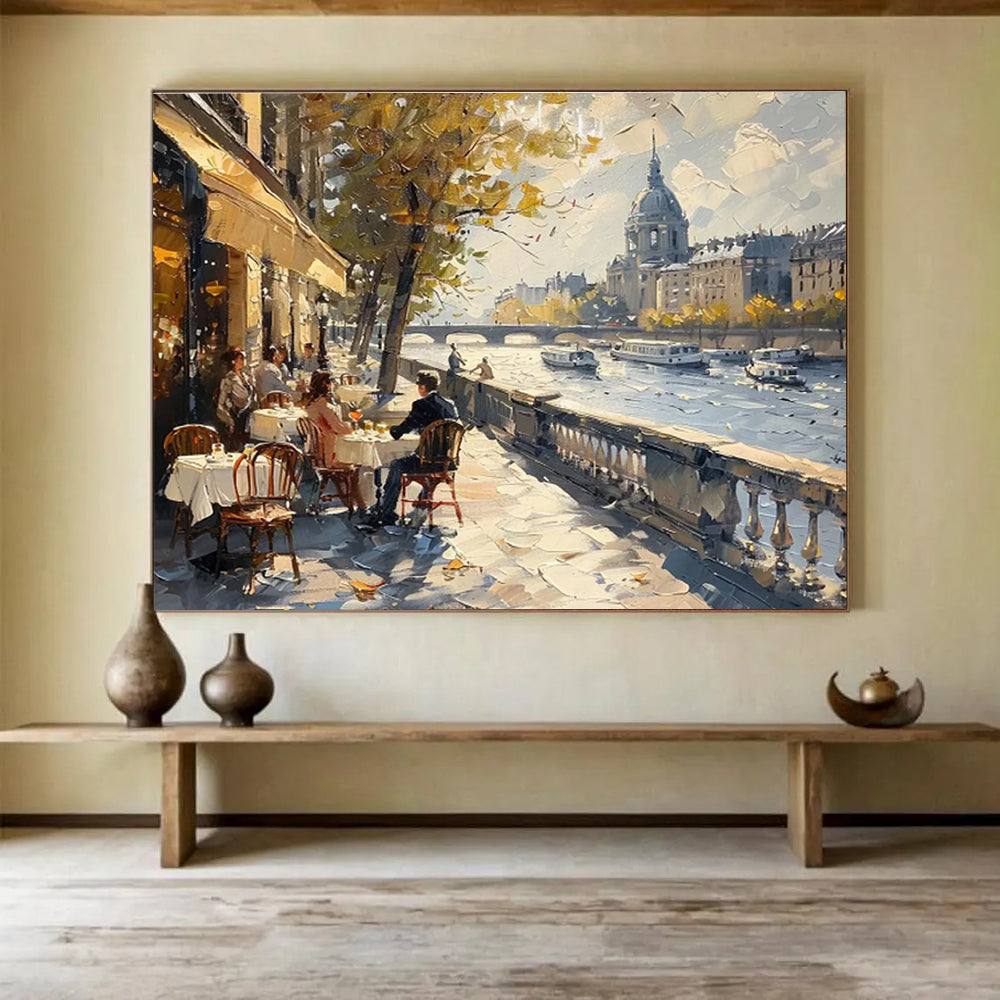 Parisian Riverside CafScene Painting On Canvas DKH666