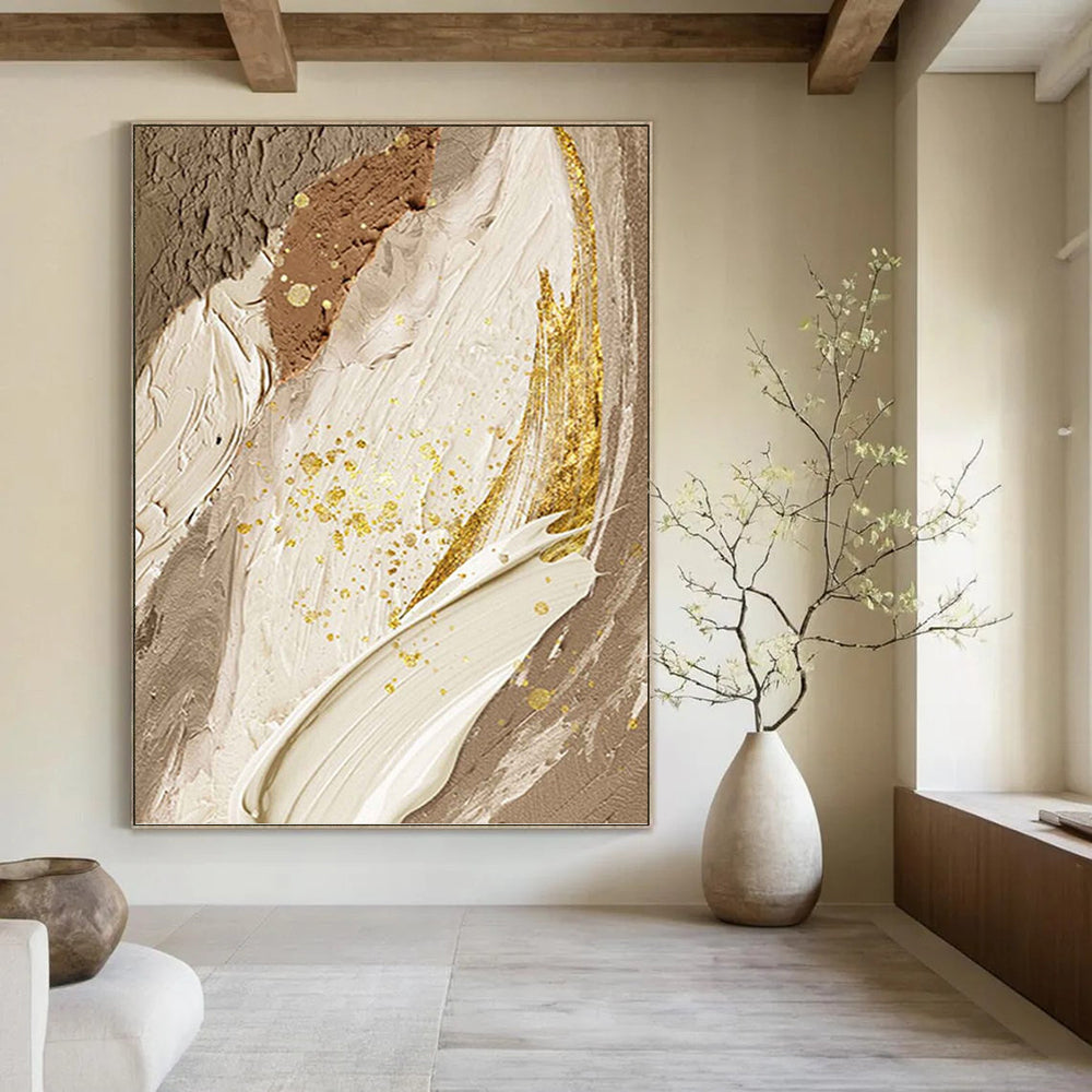 Elegant Beige, White, and Gold Abstract - Abstract Painting On Canvas DKH1477