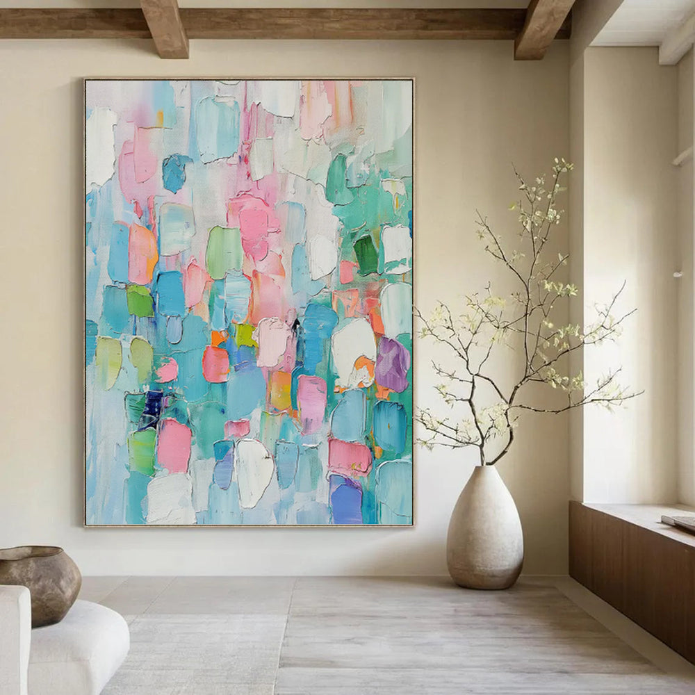 “Pastel - Toned Abstract Color Blocks” - Multicolor Cubist - Inspired Painting On Canvas DKH0997