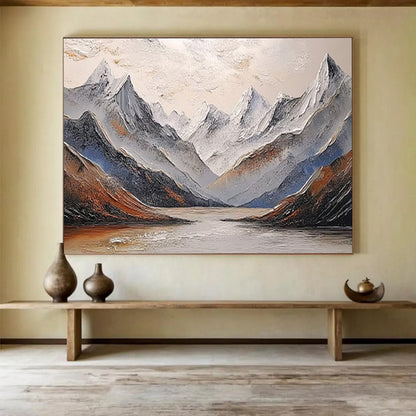 “Textured Snowy Mountain Lake” Impasto Landscape Painting On Canvas DKH456
