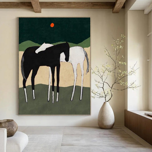 Horses in Landscape with Red Sun - Equine Landscape Painting On Canvas DKH1412