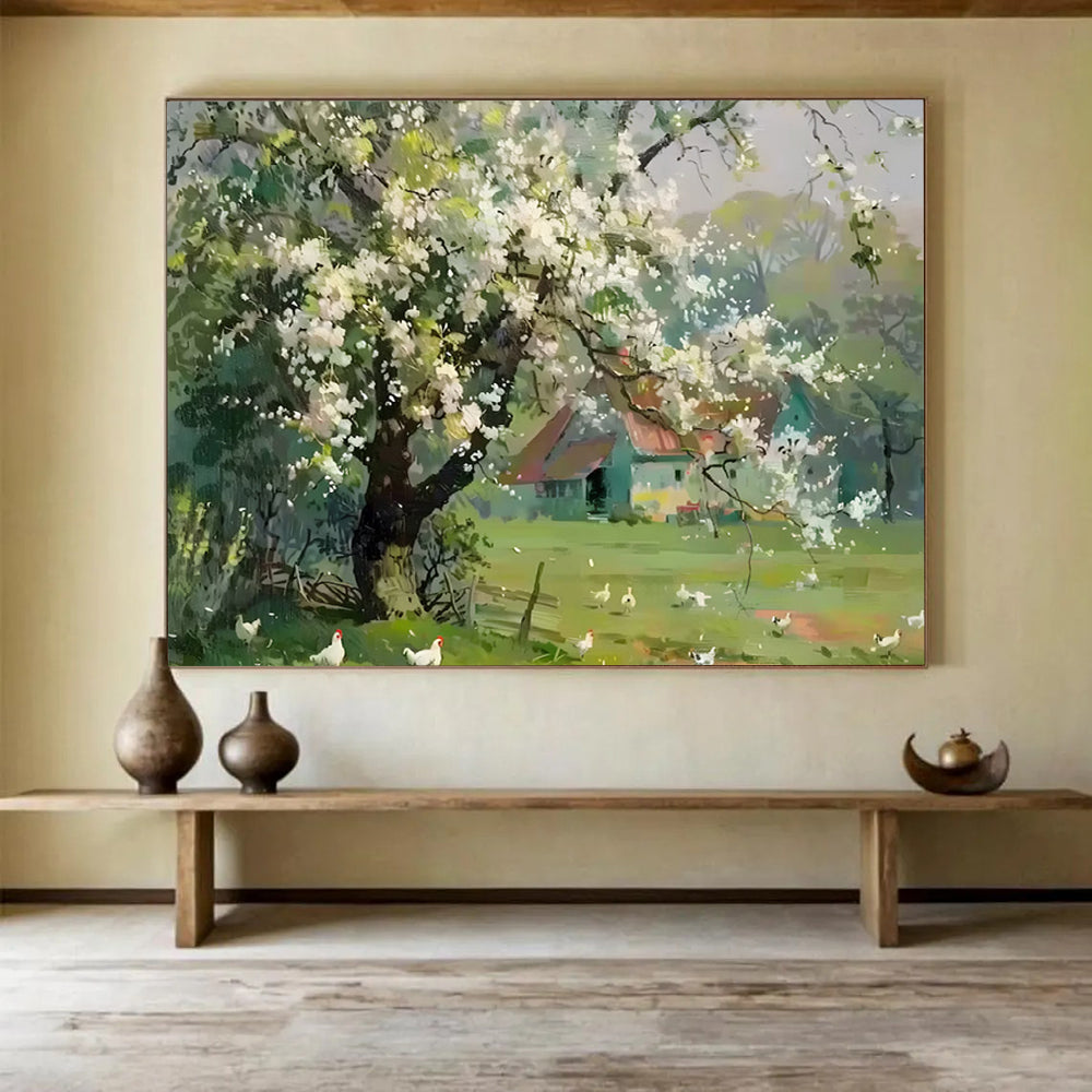 Blossoming Tree in Countryside - Realist Landscape Painting On Canvas DLZ215