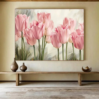 Realistic Pink Tulips - Pink & Green Floral Painting On Canvas DKH898