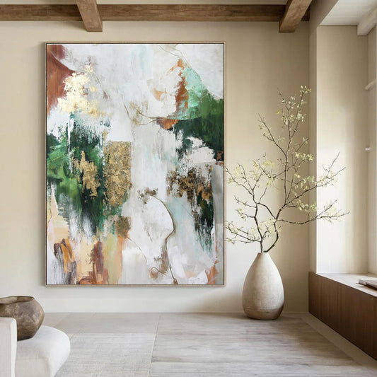 “Multicolor Abstract with Gold” - Green, Gold, Brown & White Eclectic Painting On Canvas DKH1011