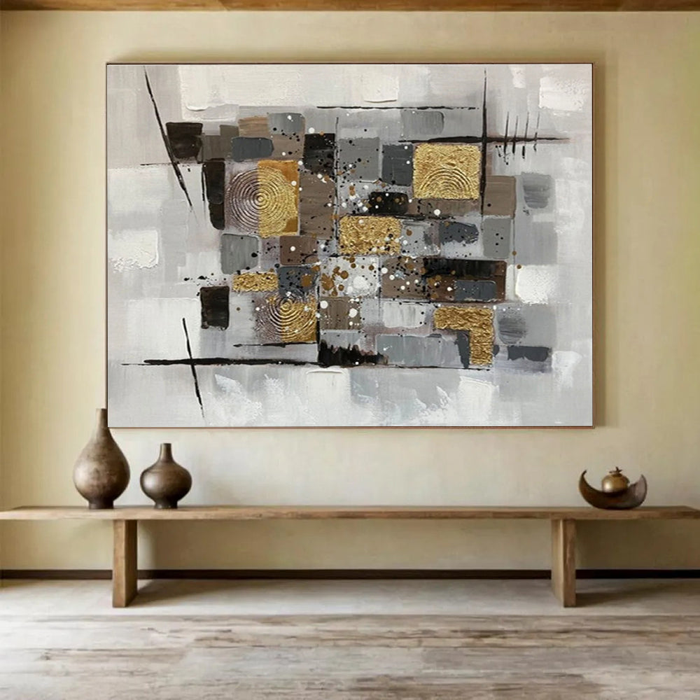 “Neutral Tones & Gold Geometric Collage” Abstract Mixed - Media Painting On Canvas DKH353