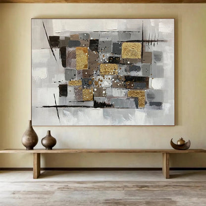 “Neutral Tones & Gold Geometric Collage” Abstract Mixed - Media Painting On Canvas DKH353