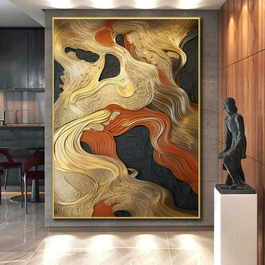 “Gold - Red - Black Abstract Waves” ，Abstract Textured Painting CT0822