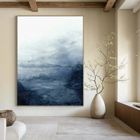 “Soft Blue - Gray Watercolor Skies” - Blue, Gray & White Abstract Sky Painting On Canvas DKH0939