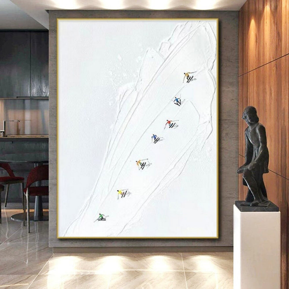 White - based Ski Slope with Colorful Skiers, “Ski Trail Joy” - Minimalist Figurative Acrylic Painting CT0734