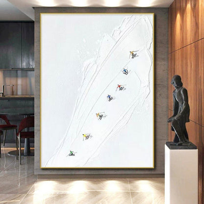 White - based Ski Slope with Colorful Skiers, “Ski Trail Joy” - Minimalist Figurative Acrylic Painting CT0734