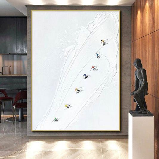 White - based Ski Slope with Colorful Skiers, “Ski Trail Joy” - Minimalist Figurative Acrylic Painting CT0734