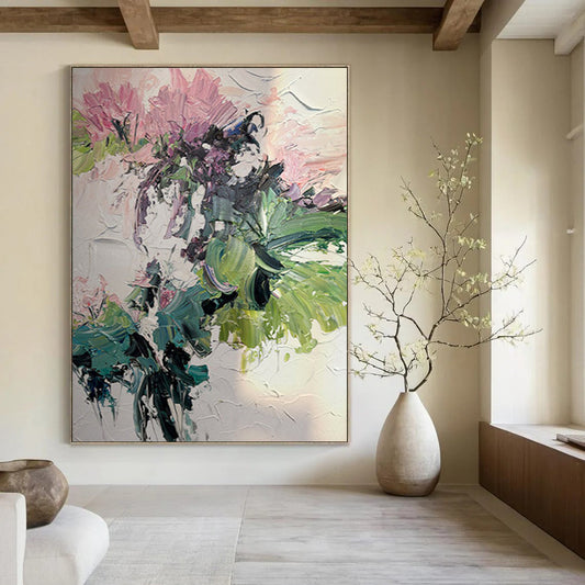 “Pink - Green Floral Impasto” - Pink, Green Flower Bouquet Painting On Canvas DTP271