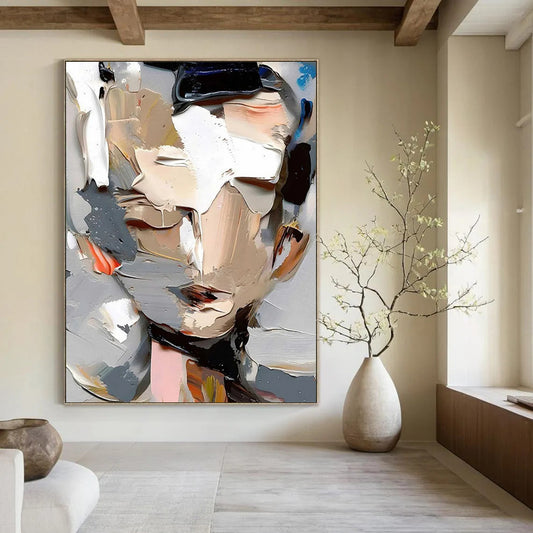 “Gray, White, Colorful Abstract Portrait ‘Fragmented Identity’” - Textured Figurative Painting On Canvas DTP320