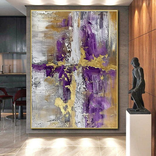 “Purple - Gold - Gray Abstract Cross” ，Abstract Acrylic Painting CT0846