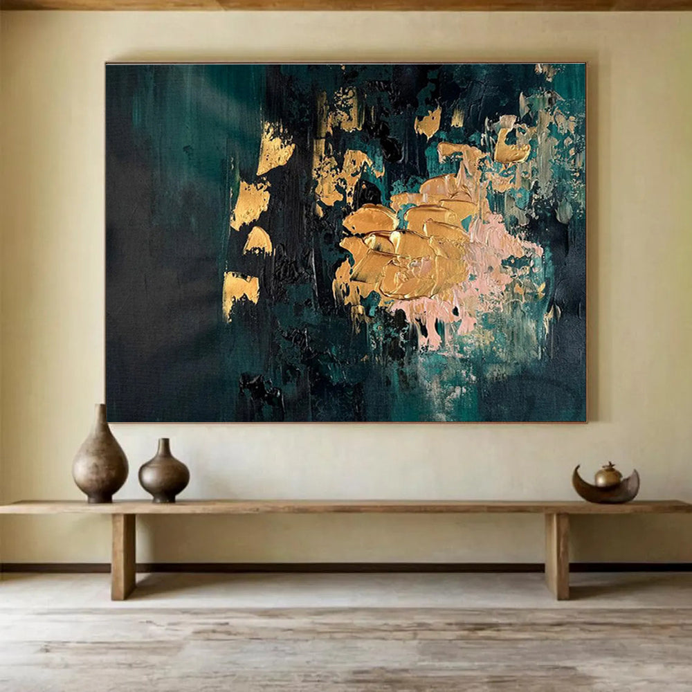 Teal and Gold Accents Dark Toned Abstract with Metallic Highlights Painting On Canvas DKH262