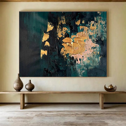 Teal and Gold Accents Dark Toned Abstract with Metallic Highlights Painting On Canvas DKH262