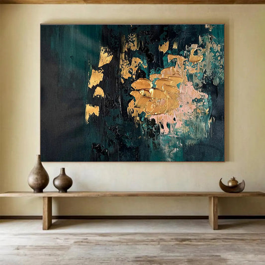 Teal and Gold Accents Dark Toned Abstract with Metallic Highlights Painting On Canvas DKH262