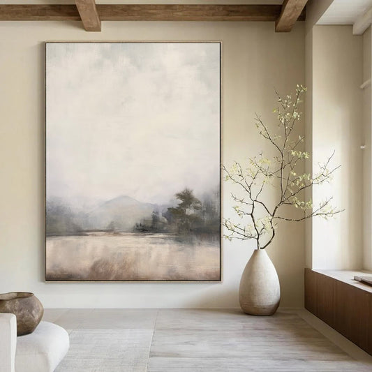 “Misty Lake Dreamscape” – Impressionistic Landscape Oil Painting with Soft Gray and Beige CT2056